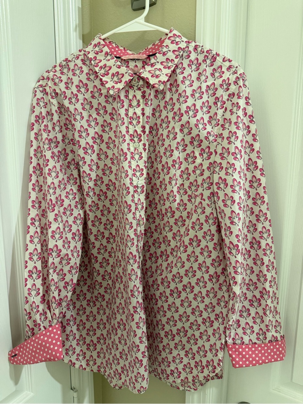 Talbots White Button-Down Shirt with Pink Floral Print
